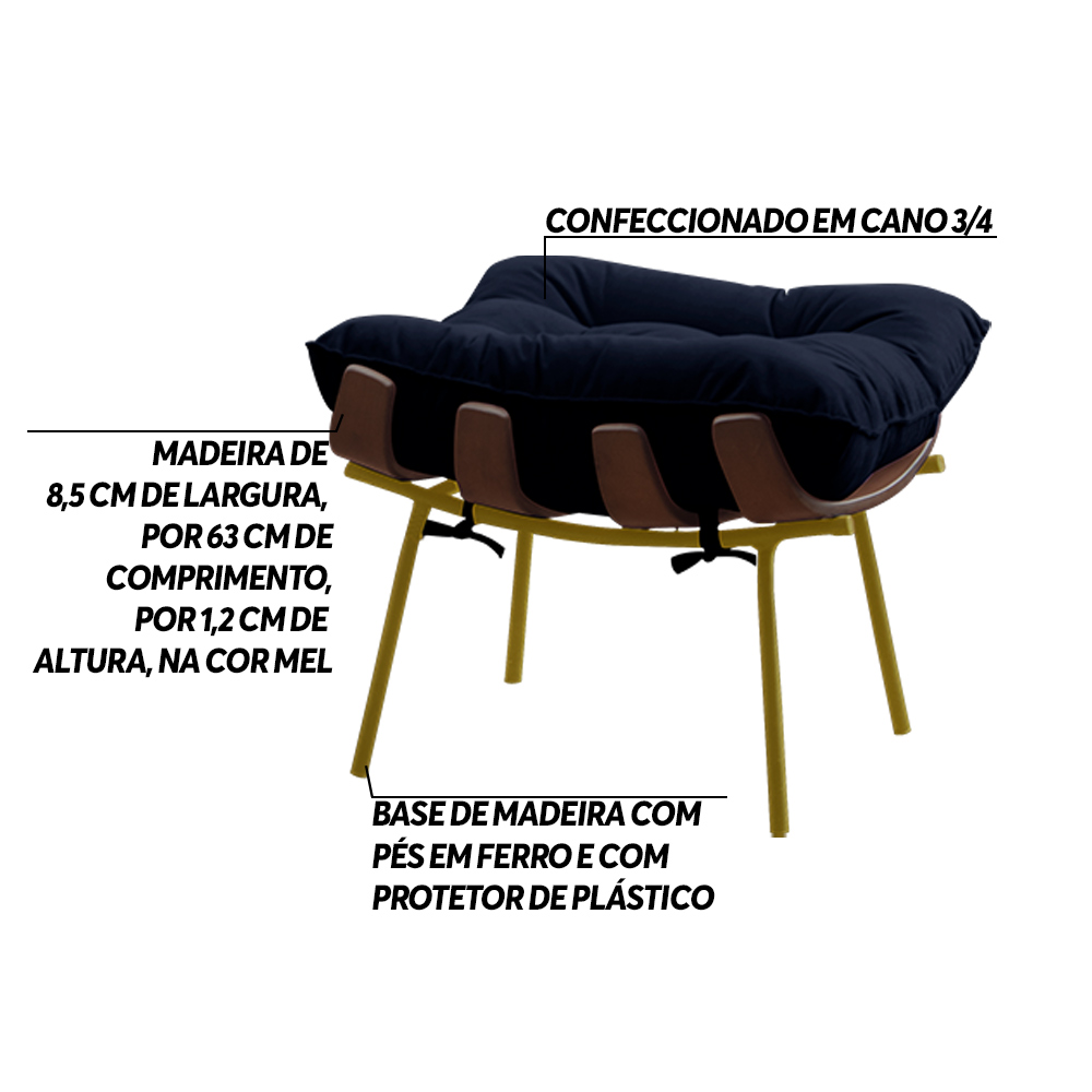 Puff Decorativo Sala de Estar Abel Base de Madeira Dourada Veludo Azul G41 - Gran Belo