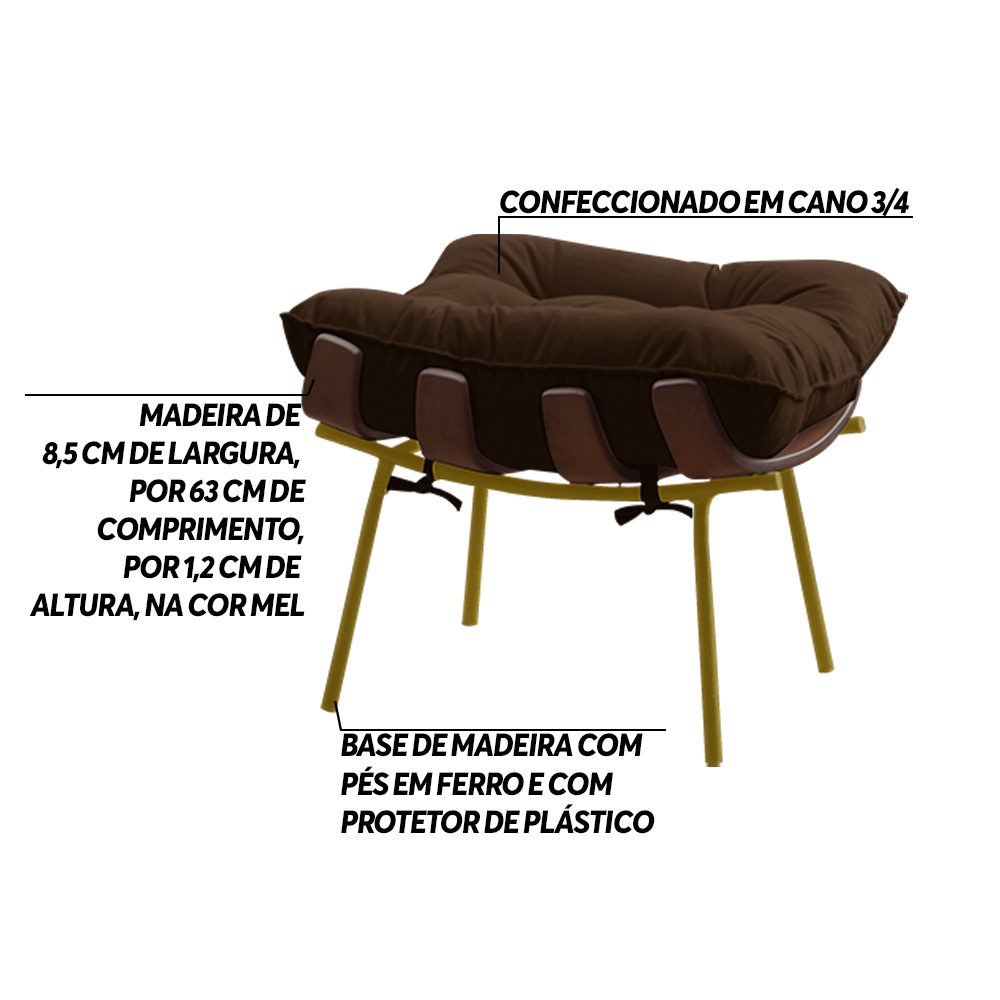 Puff Decorativo Sala de Estar Abel Base de Madeira Dourado Suede Marrom G41 - Gran Belo
