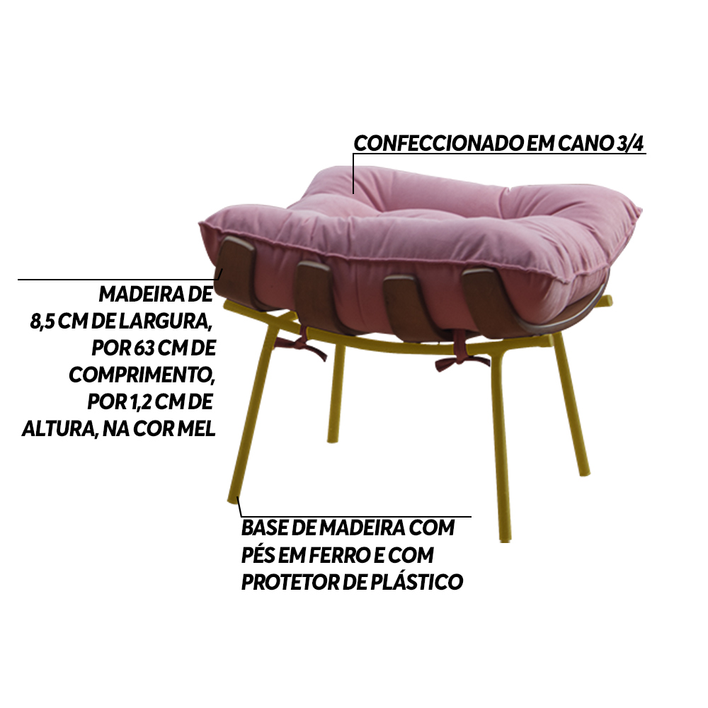 Puff Decorativo Sala de Estar Abel Base de Madeira Dourado Suede Rosa - Gran Belo