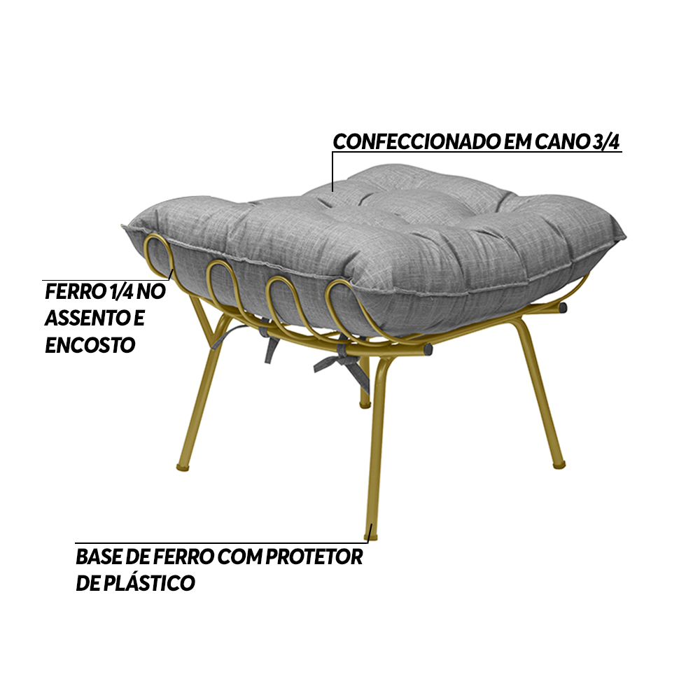 Puff Decorativo Sala de Estar Abel Pés Dourado Linho Cinza Claro G41 - Gran Belo