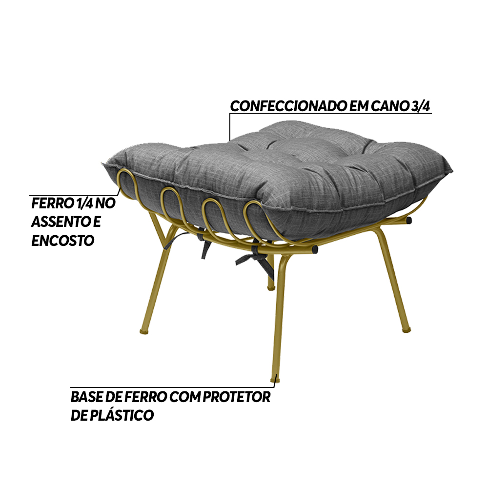 Puff Decorativo Sala de Estar Abel Pés Dourado Linho Grafite G41 - Gran Belo