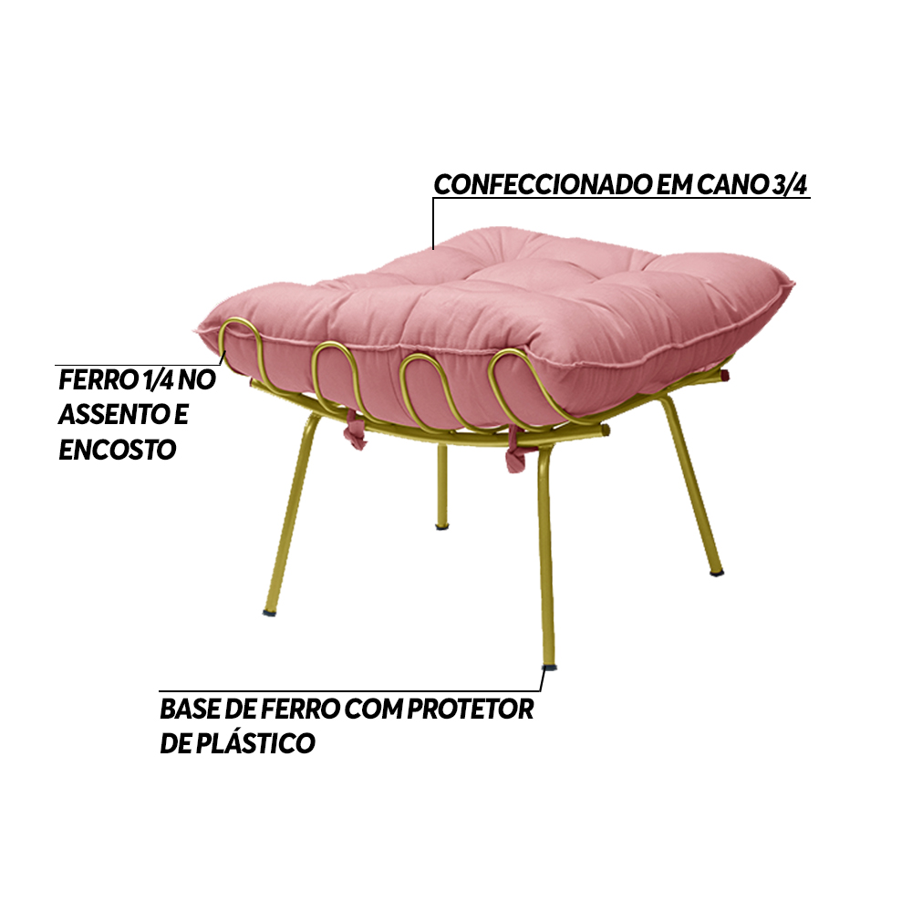 Puff Decorativo Sala de Estar Abel Pés Dourado Suede Rosa G41 - Gran Belo