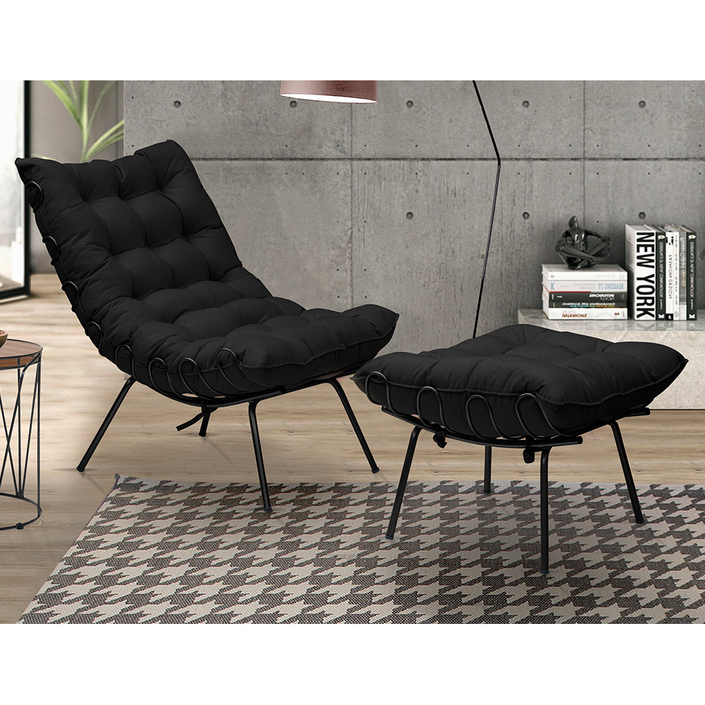 Puff Decorativo Sala de Estar Abel Pés Preto Veludo Preto G41 - Gran Belo