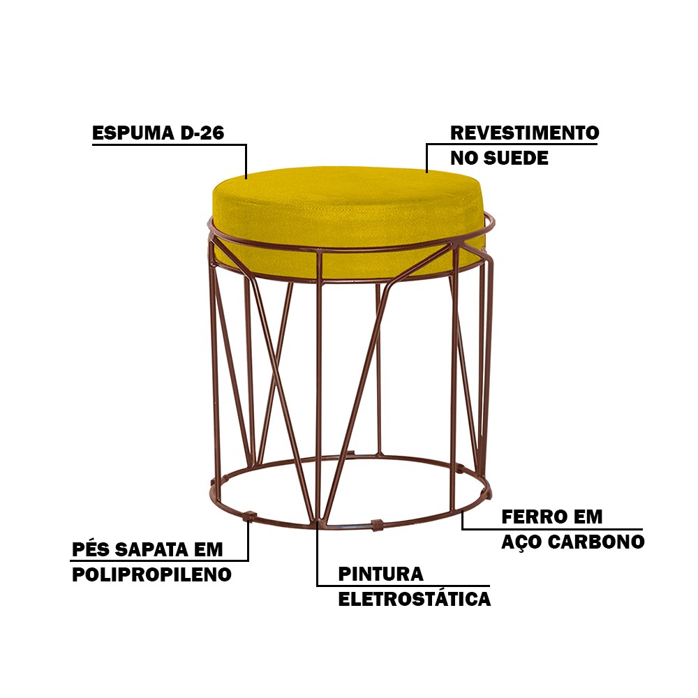 Puff Decorativo Sala de Estar Base Bronze Chloe Suede Amarelo G41 - Gran Belo