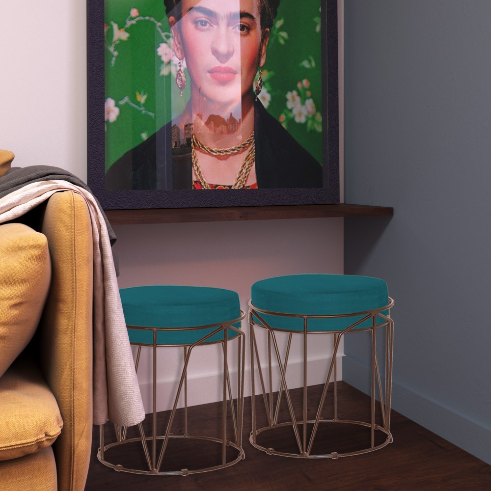 Puff Decorativo Sala de Estar Base Bronze Chloe Suede Azul Claro G41 - Gran Belo