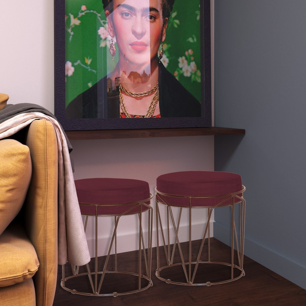 Puff Decorativo Sala de Estar Base Bronze Chloe Suede Bordô G41 - Gran Belo