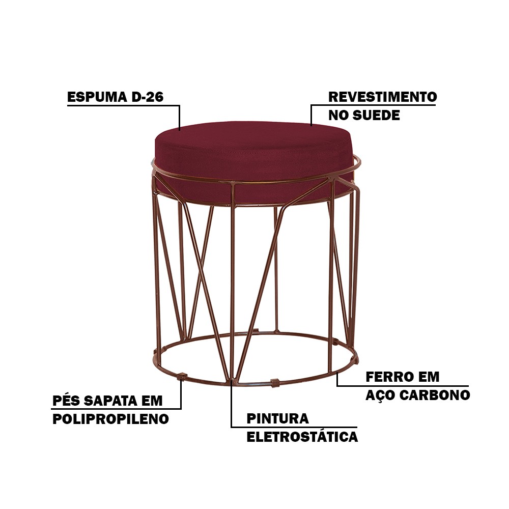 Puff Decorativo Sala de Estar Base Bronze Chloe Suede Bordô G41 - Gran Belo
