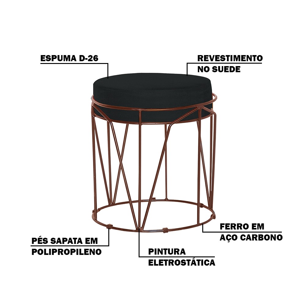 Puff Decorativo Sala de Estar Base Bronze Chloe Suede Preto G41 - Gran Belo