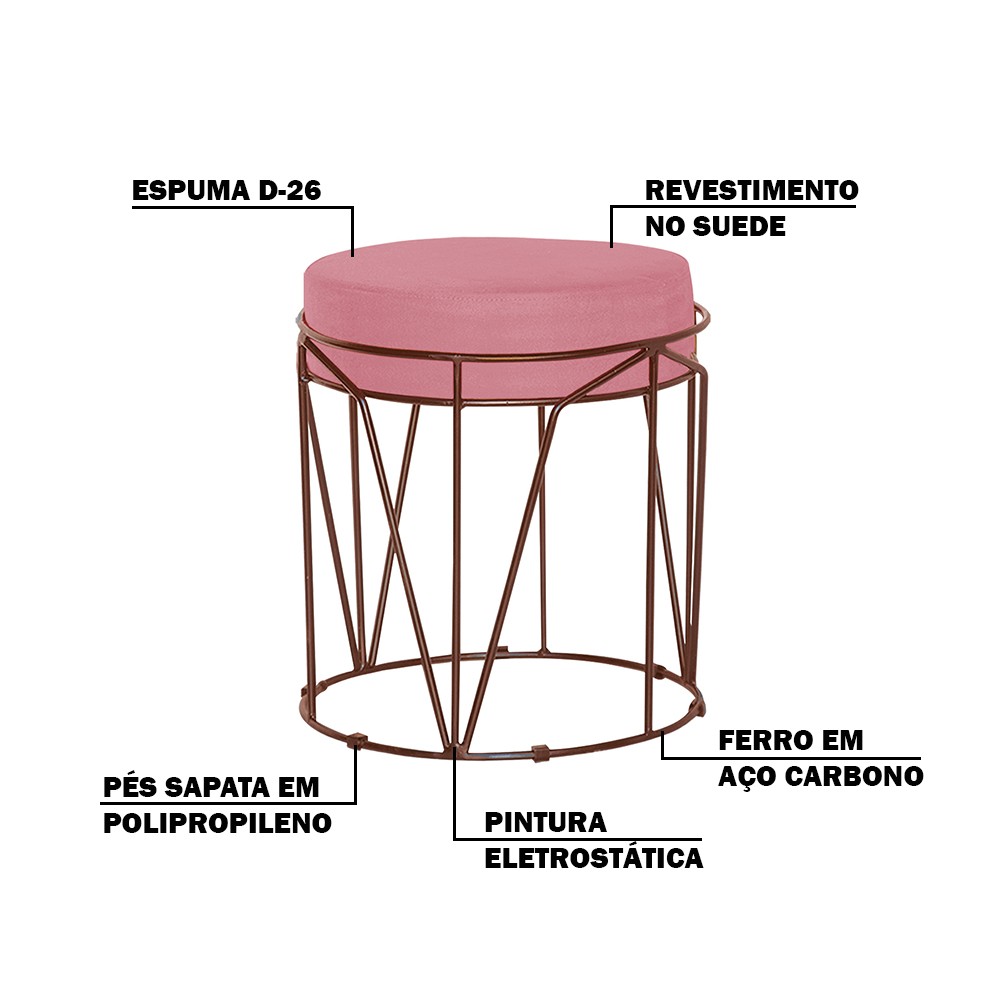 Puff Decorativo Sala de Estar Base Bronze Chloe Suede Rosa G41 - Gran Belo