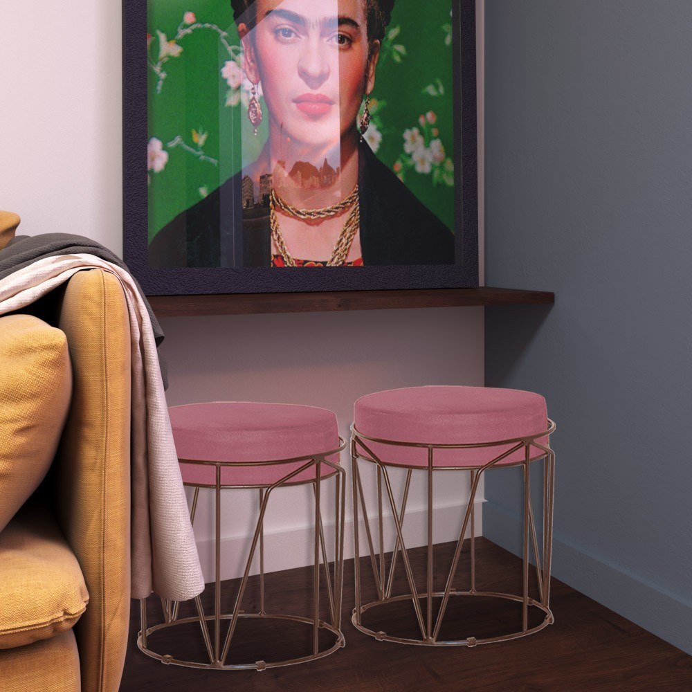 Puff Decorativo Sala de Estar Base Bronze Chloe Suede Rosa G41 - Gran Belo