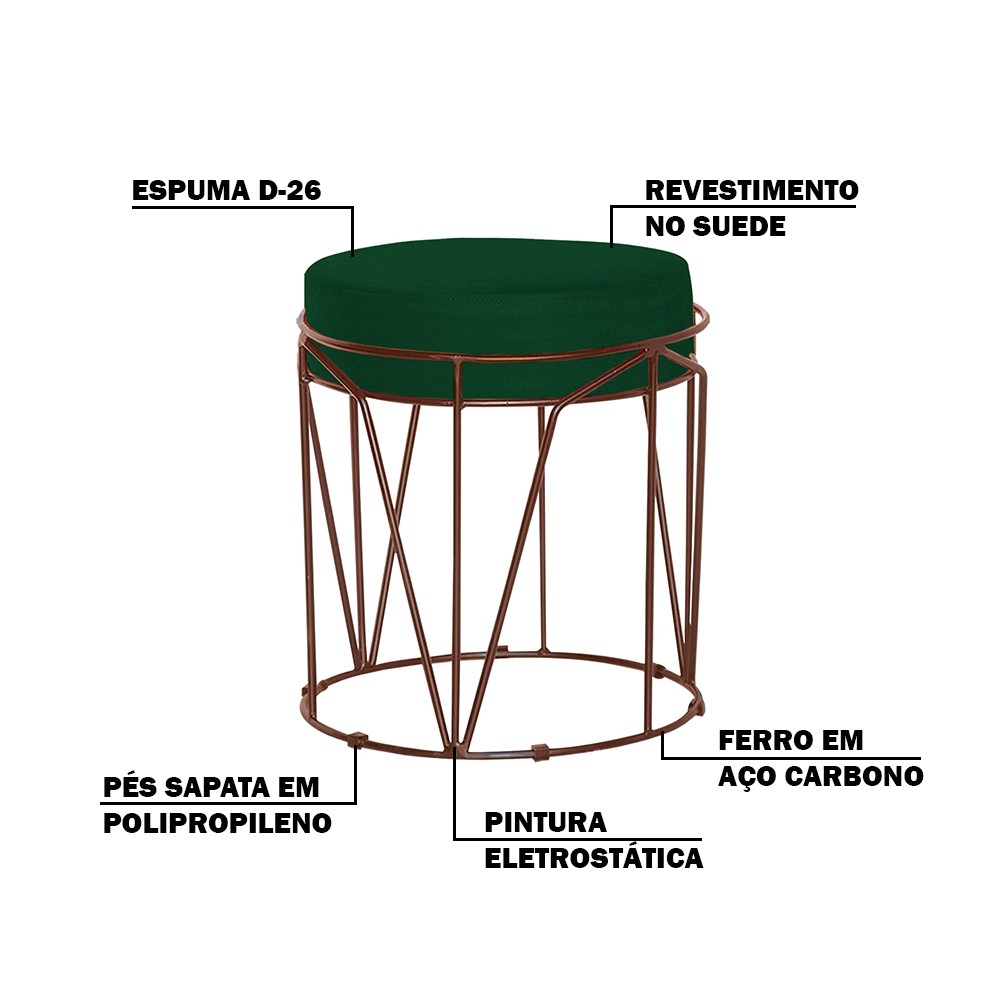 Puff Decorativo Sala de Estar Base Bronze Chloe Suede Verde G41 - Gran Belo