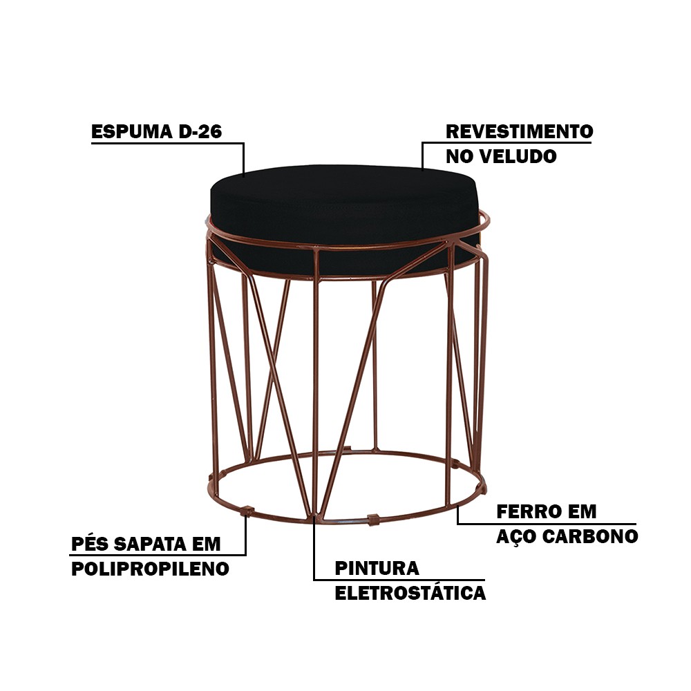 Puff Decorativo Sala de Estar Base Bronze Chloe Veludo Preto G41 - Gran Belo