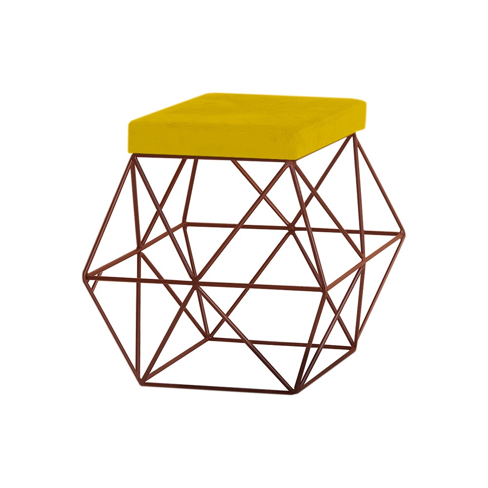 Puff Decorativo Sala de Estar Base Bronze Trixie Suede Amarelo G41 - Gran Belo