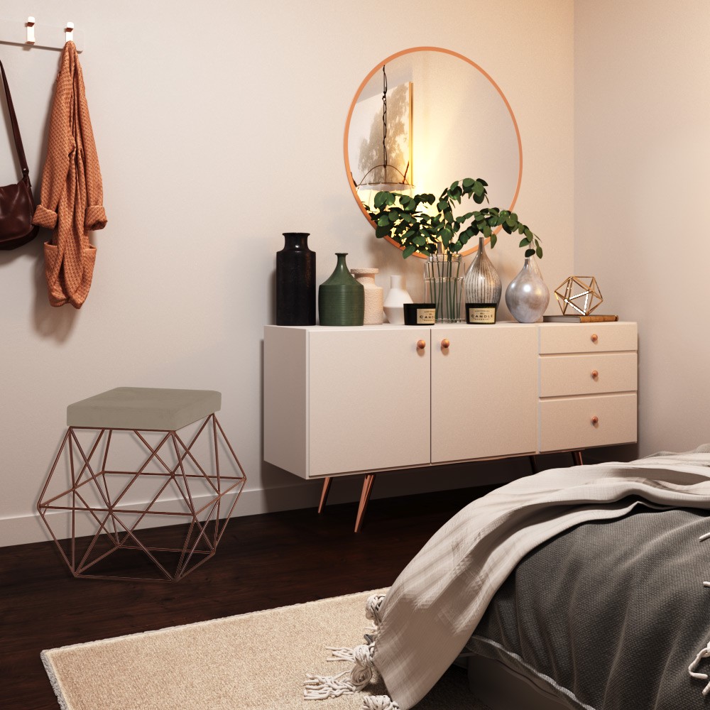 Puff Decorativo Sala de Estar Base Bronze Trixie Suede Cappuccino G41 - Gran Belo