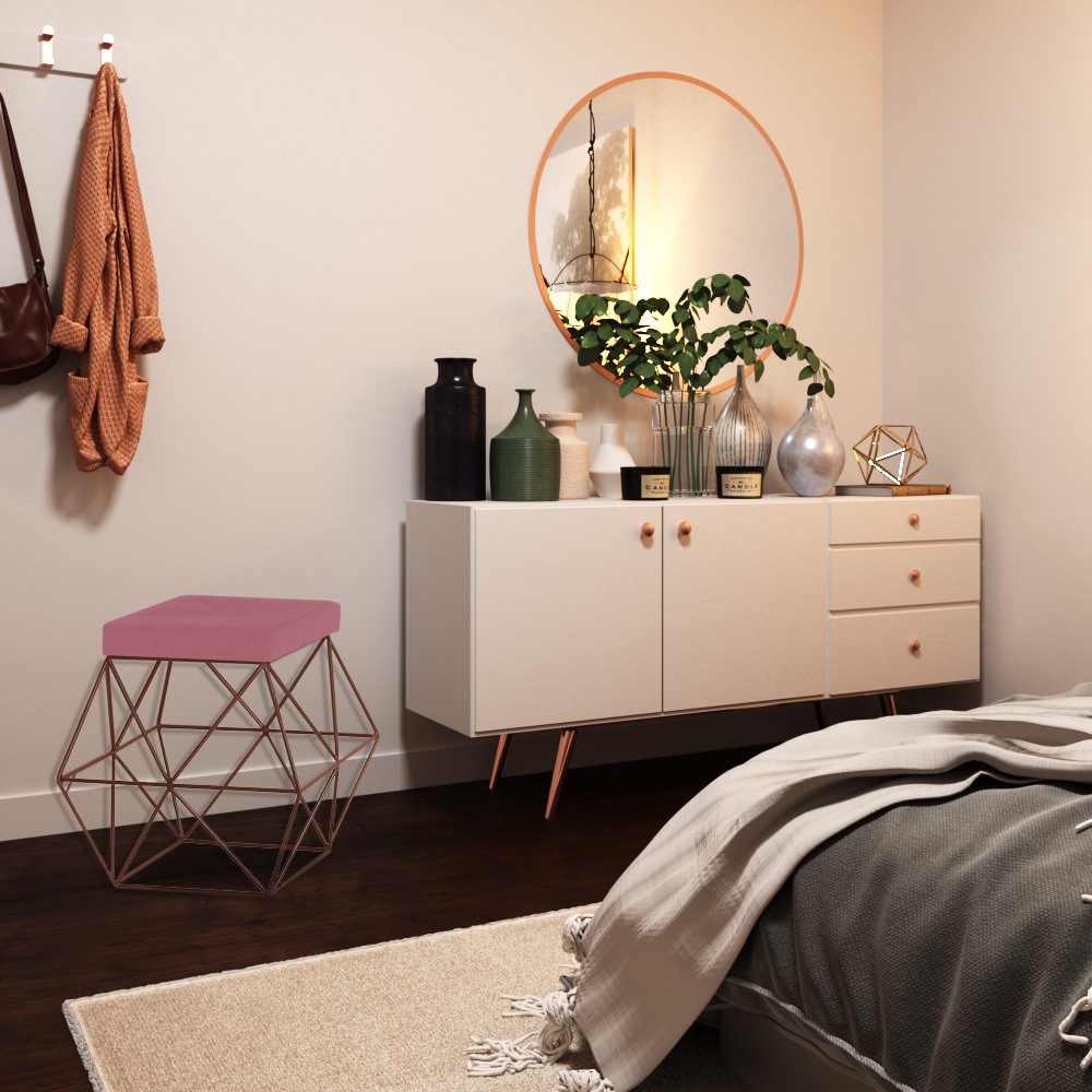 Puff Decorativo Sala de Estar Base Bronze Trixie Suede Rosa G41 - Gran Belo