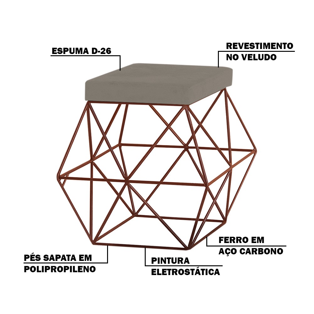 Puff Decorativo Sala de Estar Base Bronze Trixie Veludo Cinza G41 - Gran Belo