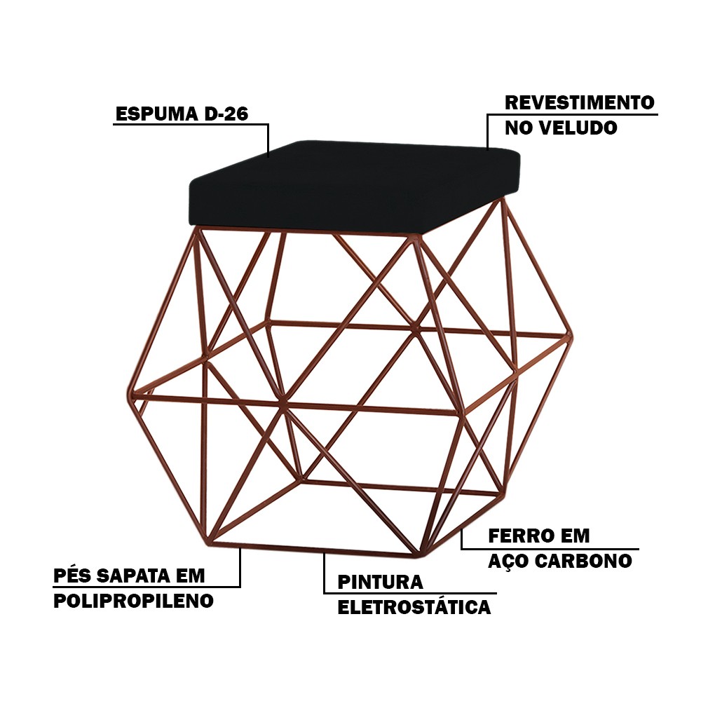 Puff Decorativo Sala de Estar Base Bronze Trixie Veludo Preto G41 - Gran Belo