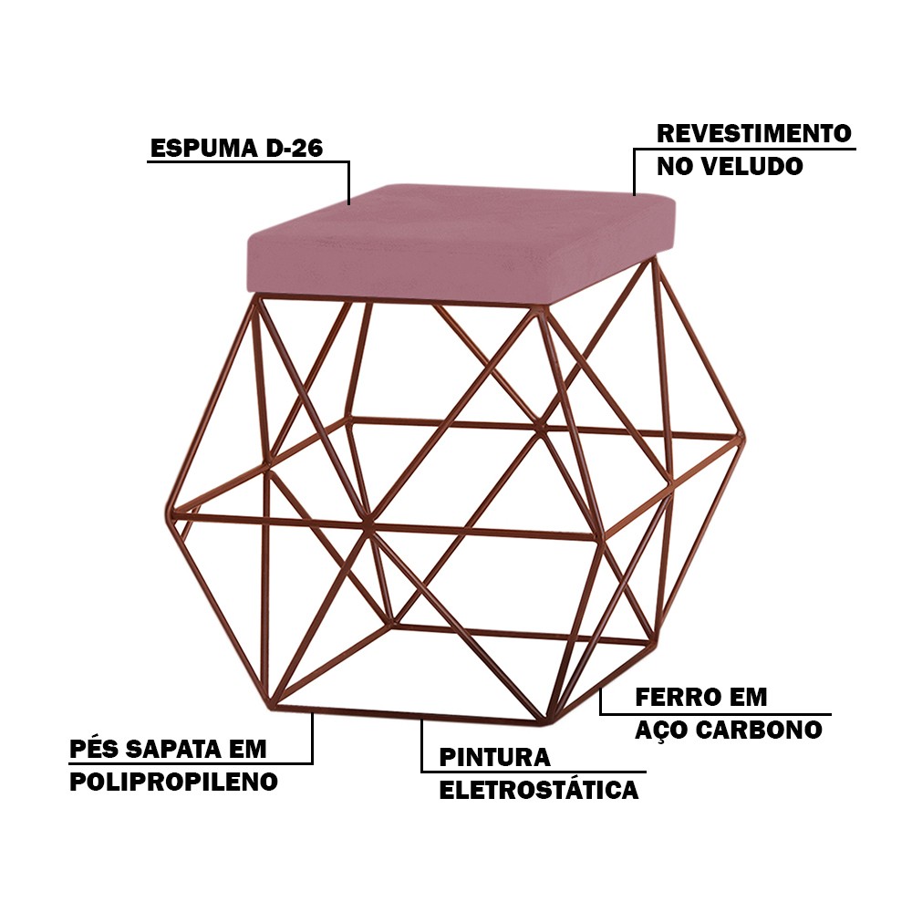 Puff Decorativo Sala de Estar Base Bronze Trixie Veludo Rosê G41 - Gran Belo