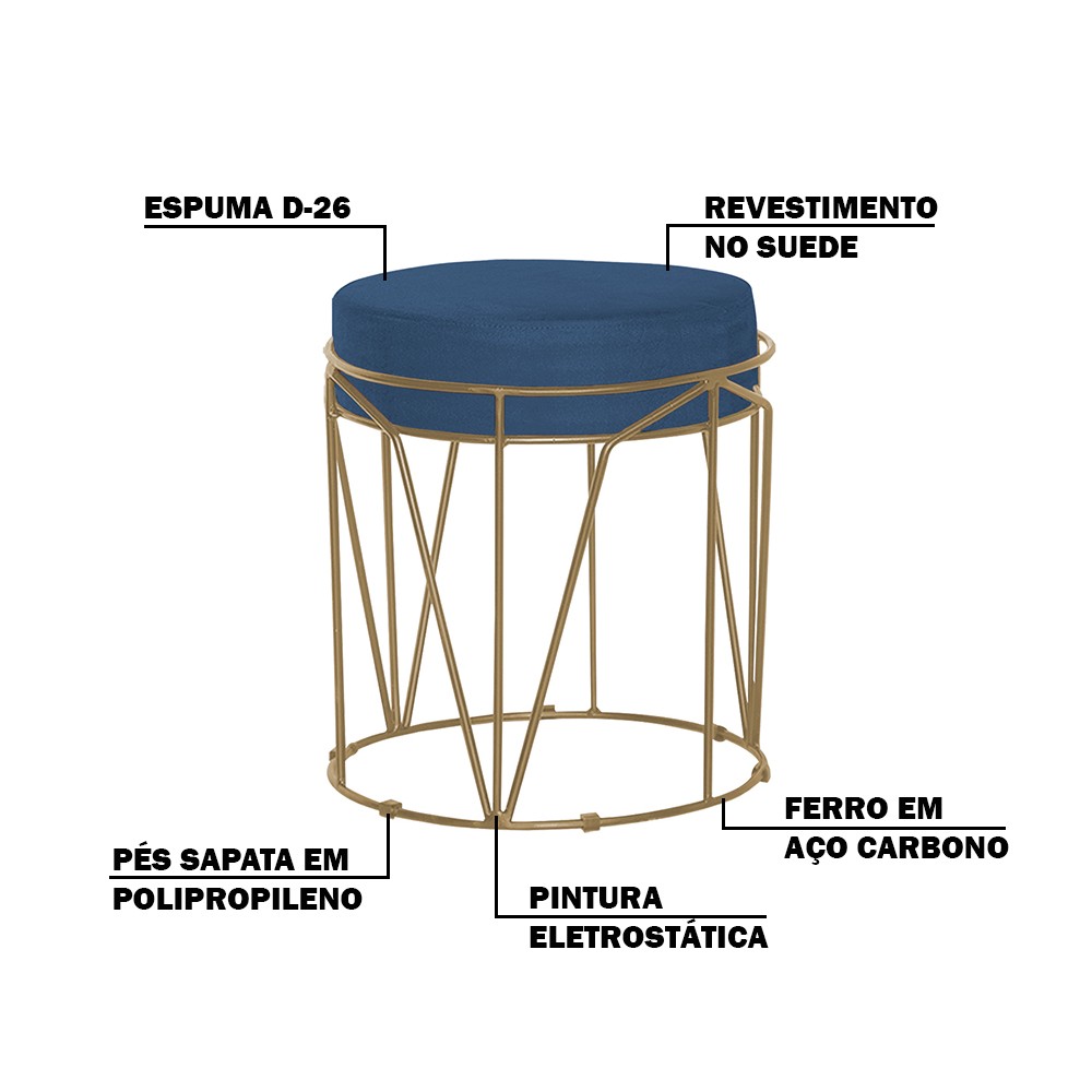 Puff Decorativo Sala de Estar Base Gold Chloe Suede Azul Marinho - Gran Belo