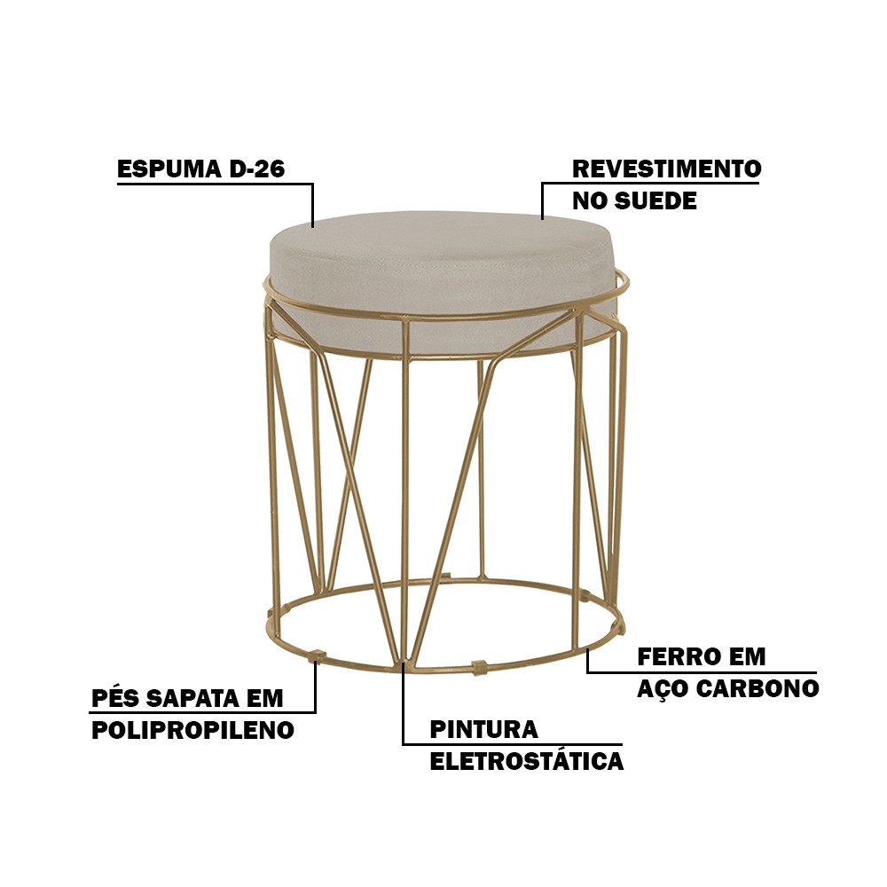 Puff Decorativo Sala de Estar Base Gold Chloe Suede Bege G41 - Gran Belo