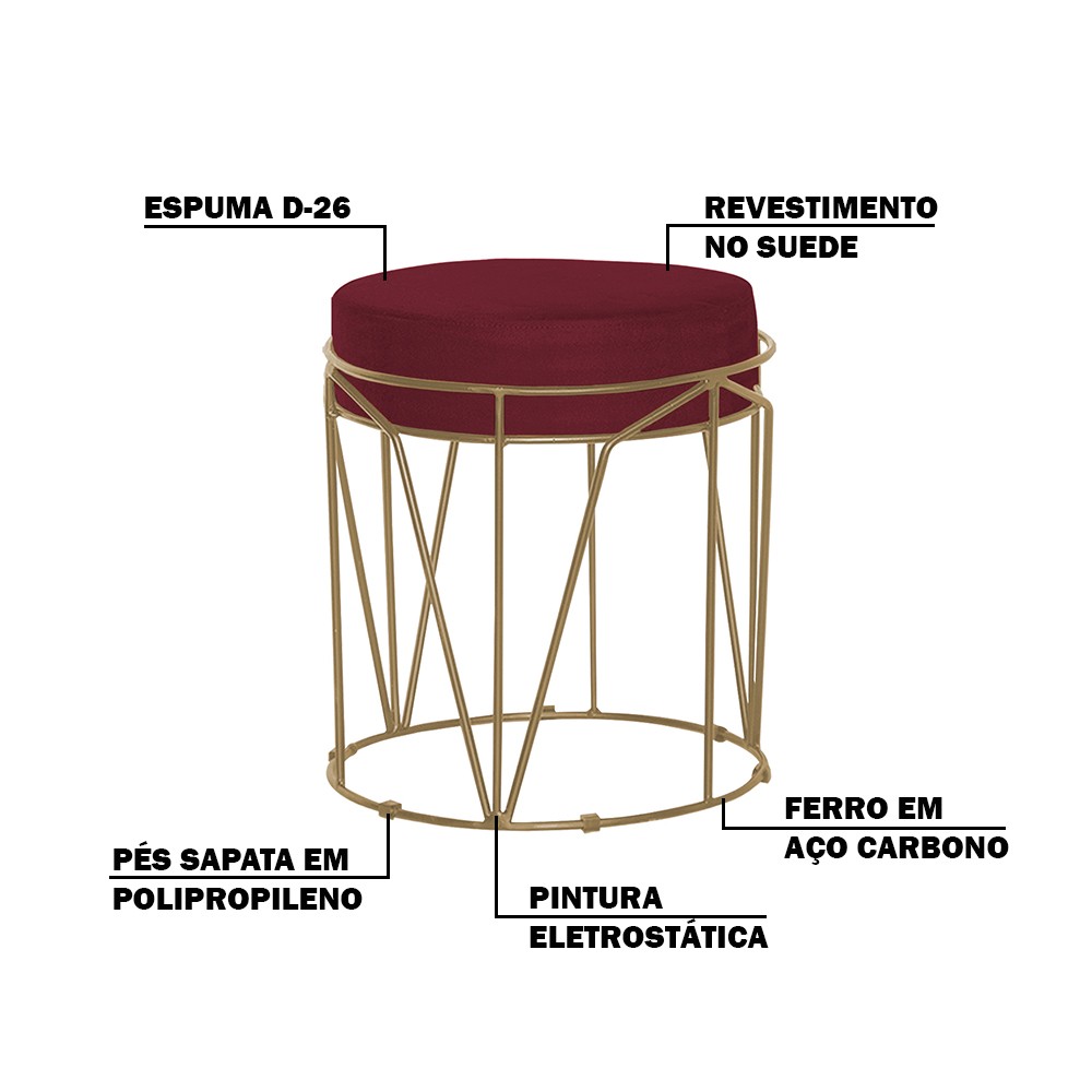 Puff Decorativo Sala de Estar Base Gold Chloe Suede Bordô G41 - Gran Belo