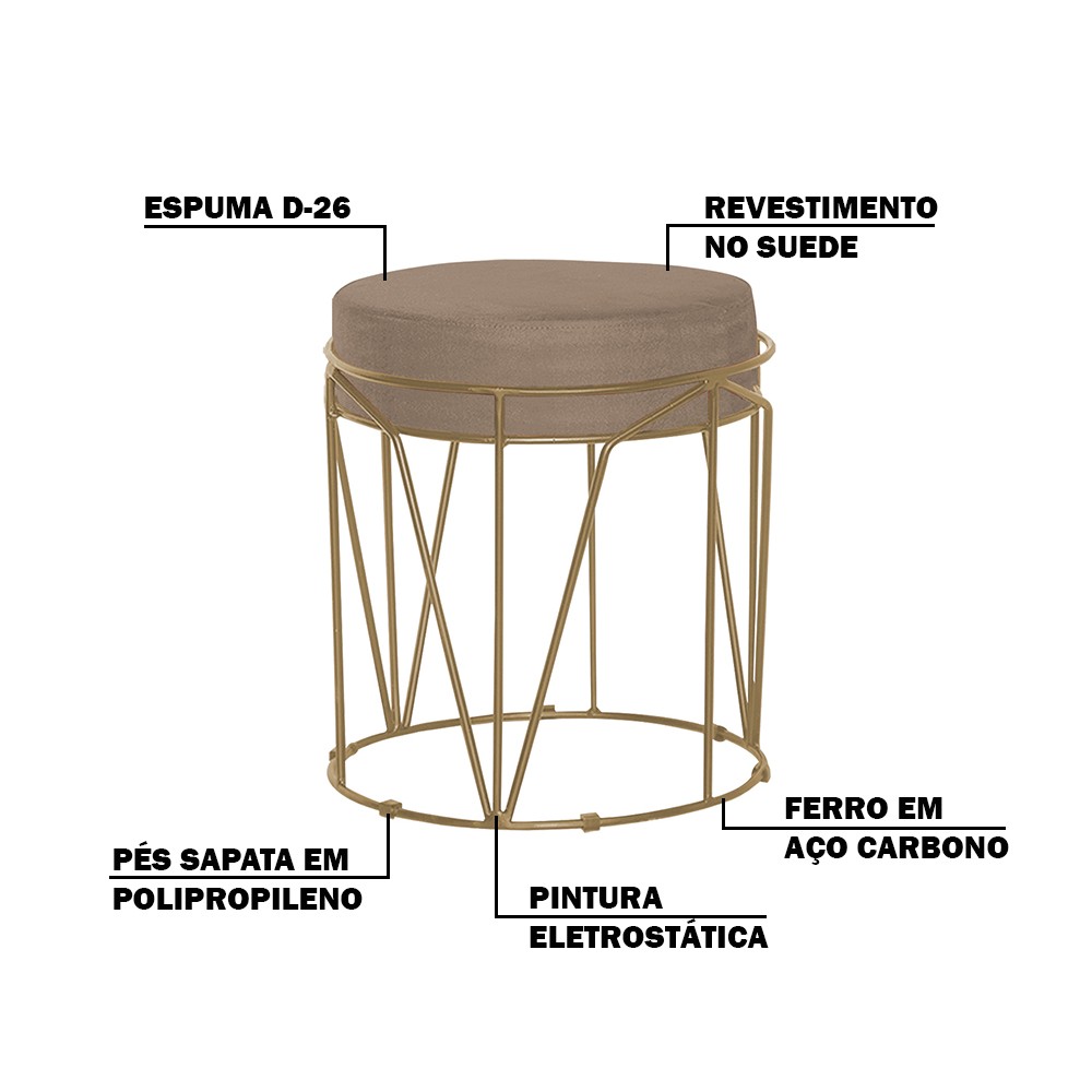 Puff Decorativo Sala de Estar Base Gold Chloe Suede Cappuccino G41 - Gran Belo
