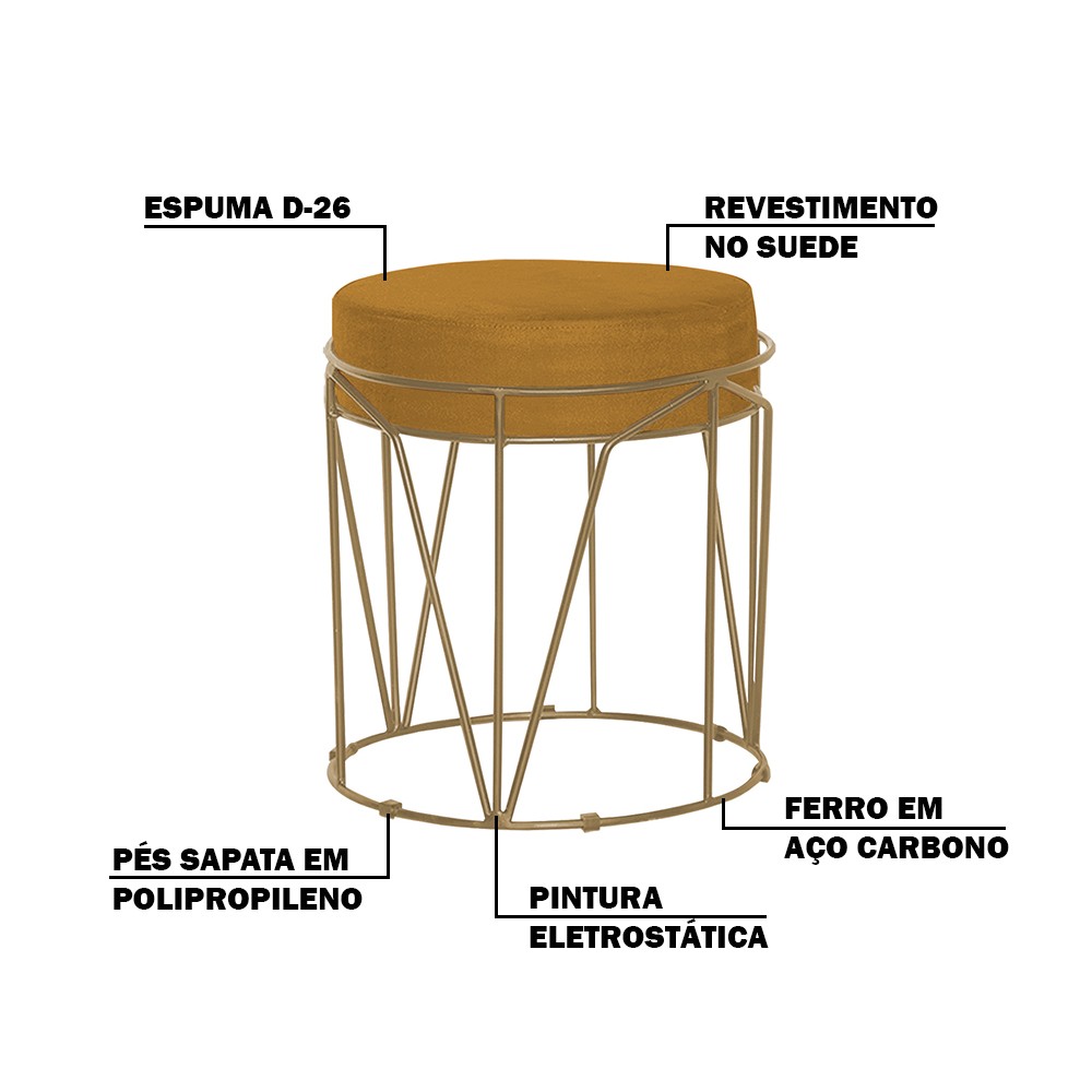 Puff Decorativo Sala de Estar Base Gold Chloe Suede Mostarda G41 - Gran Belo
