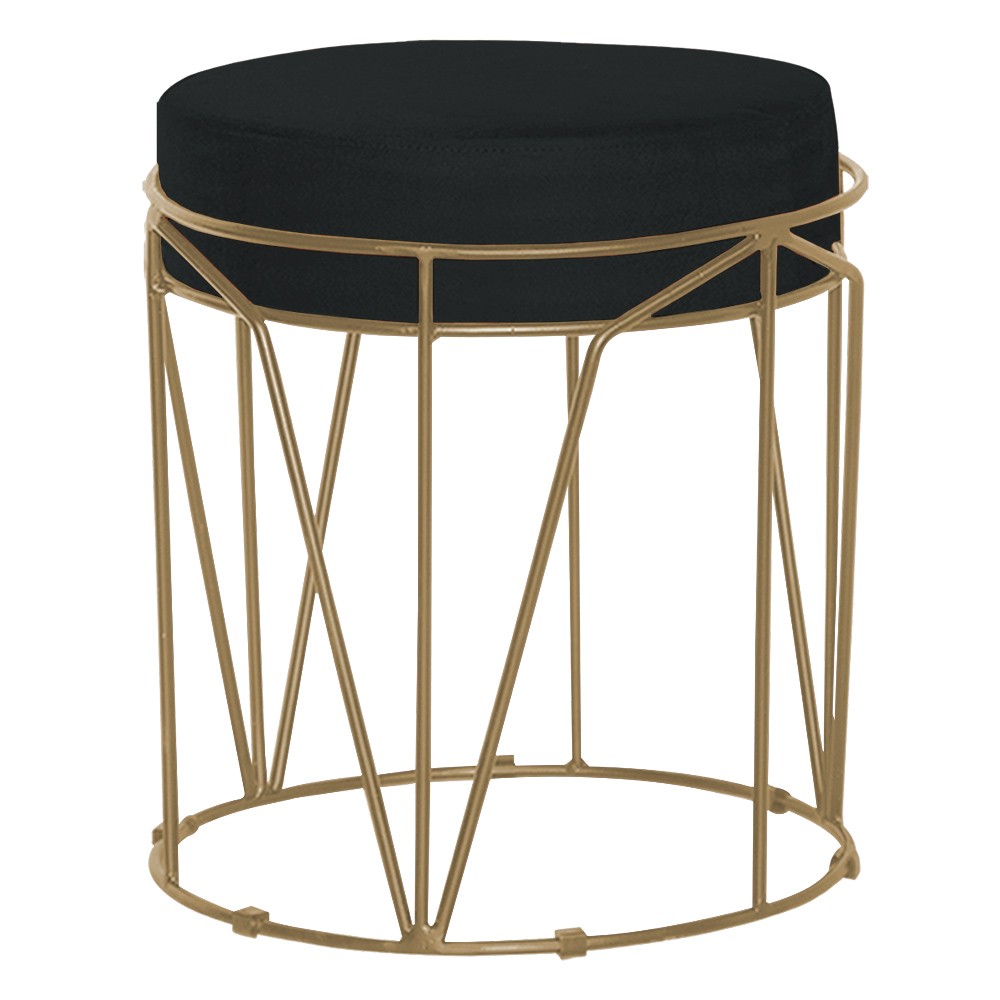 Puff Decorativo Sala de Estar Base Gold Chloe Suede Preto - Gran Belo