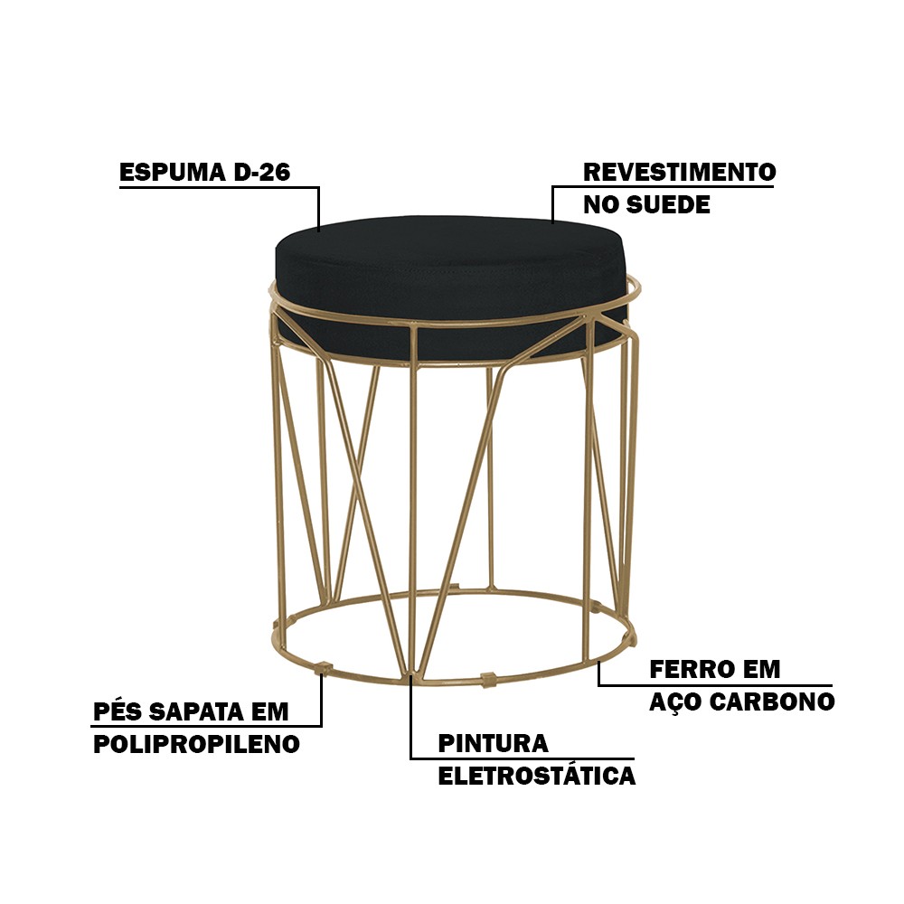 Puff Decorativo Sala de Estar Base Gold Chloe Suede Preto - Gran Belo