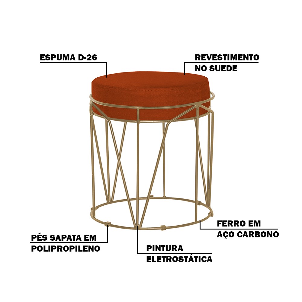 Puff Decorativo Sala de Estar Base Gold Chloe Suede Telha G41 - Gran Belo