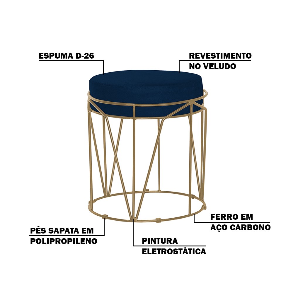 Puff Decorativo Sala de Estar Base Gold Chloe Veludo Azul G41 - Gran Belo