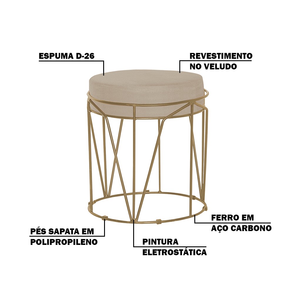 Puff Decorativo Sala de Estar Base Gold Chloe Veludo Bege G41 - Gran Belo