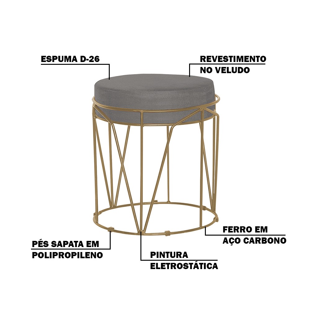 Puff Decorativo Sala de Estar Base Gold Chloe Veludo Cinza G41 - Gran Belo