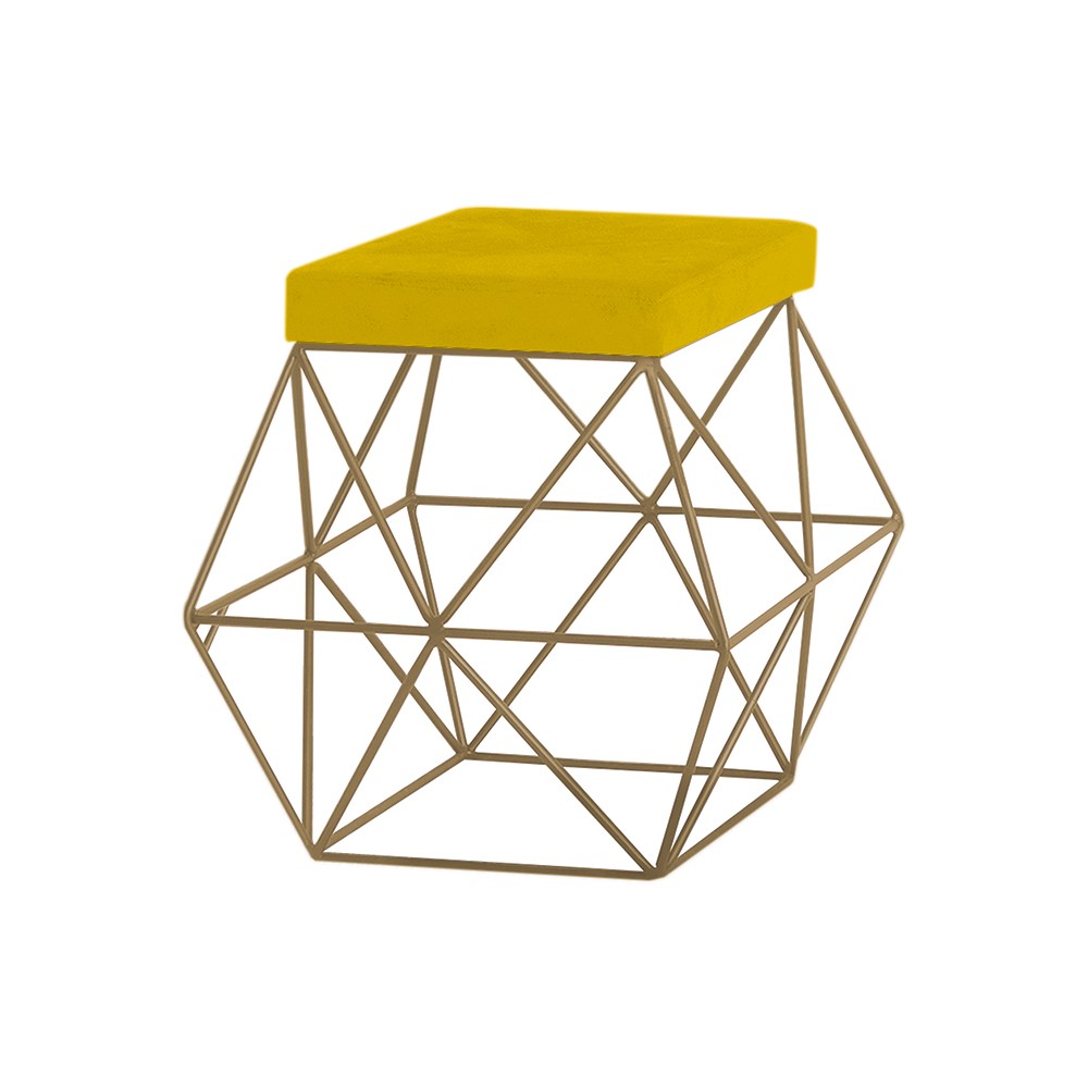 Puff Decorativo Sala de Estar Base Gold Trixie Suede Amarelo G41 - Gran Belo