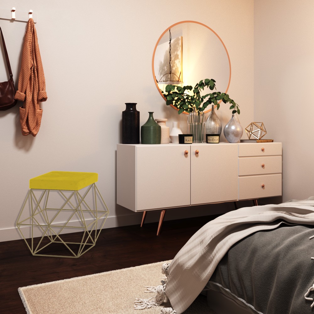 Puff Decorativo Sala de Estar Base Gold Trixie Suede Amarelo G41 - Gran Belo