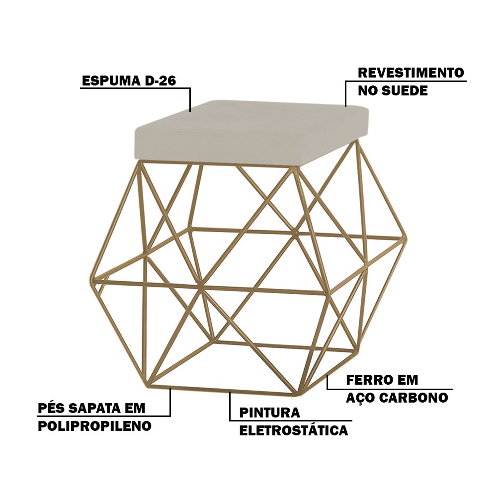 Puff Decorativo Sala de Estar Base Gold Trixie Suede Bege - Gran Belo