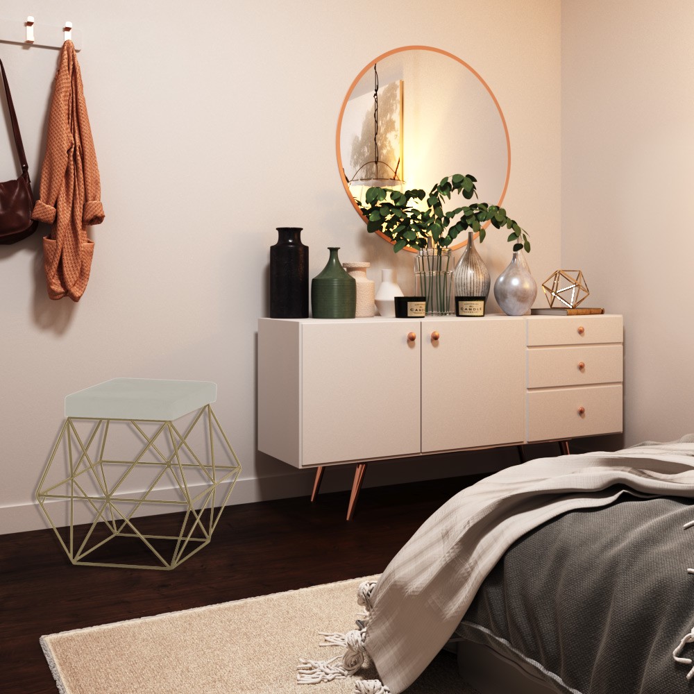 Puff Decorativo Sala de Estar Base Gold Trixie Suede Bege - Gran Belo
