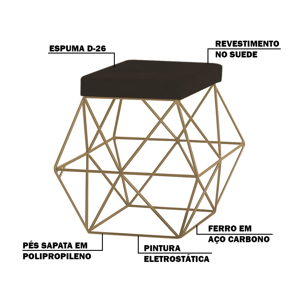 Puff Decorativo Sala de Estar Base Gold Trixie Suede Marrom - Gran Belo