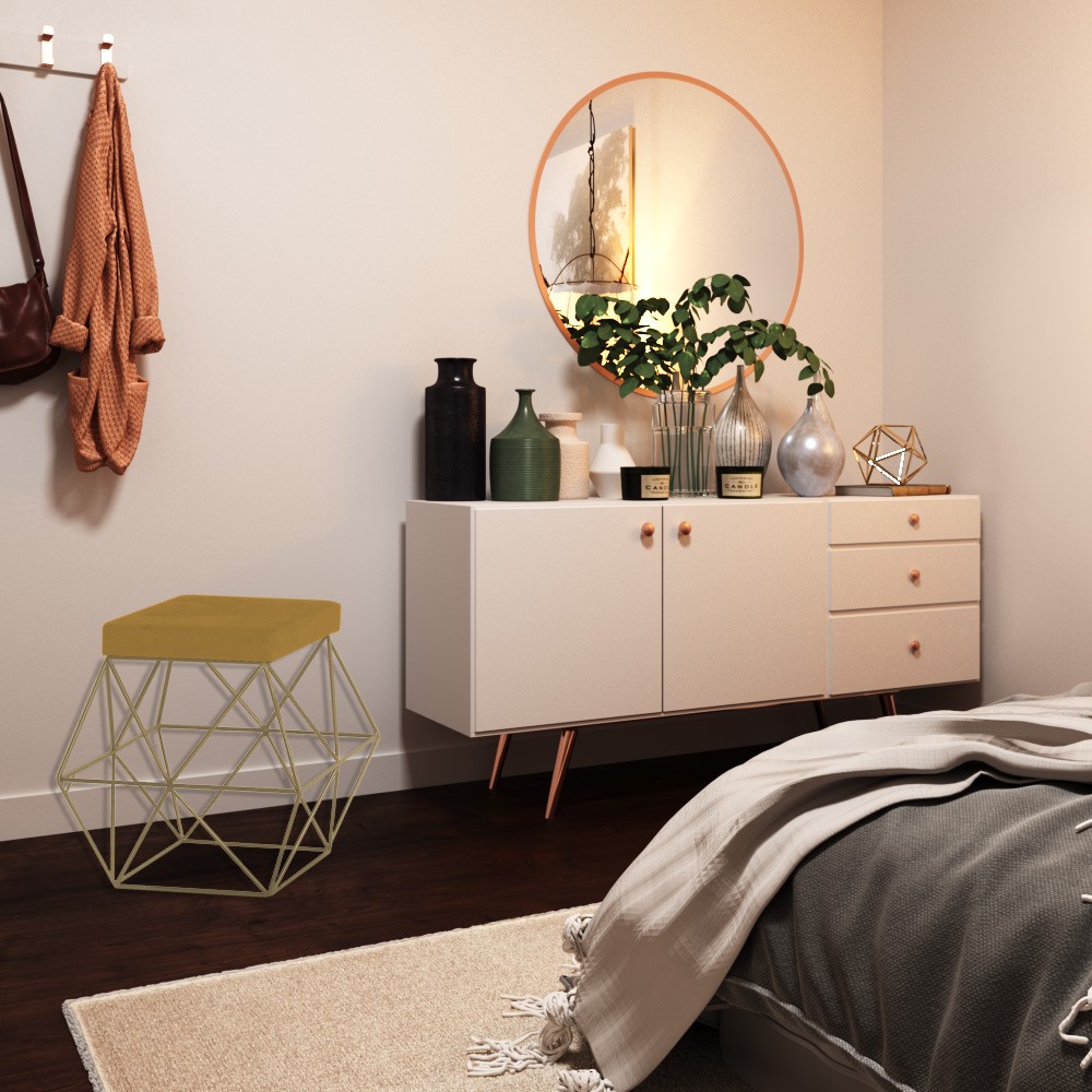 Puff Decorativo Sala de Estar Base Gold Trixie Suede Mostarda G41 - Gran Belo