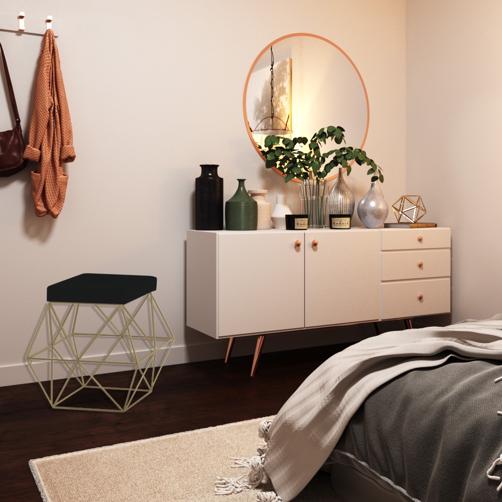 Puff Decorativo Sala de Estar Base Gold Trixie Suede Preto G41 - Gran Belo