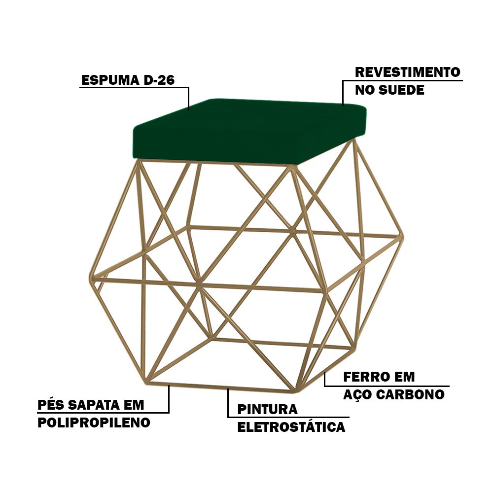 Puff Decorativo Sala de Estar Base Gold Trixie Suede Verde G41 - Gran Belo