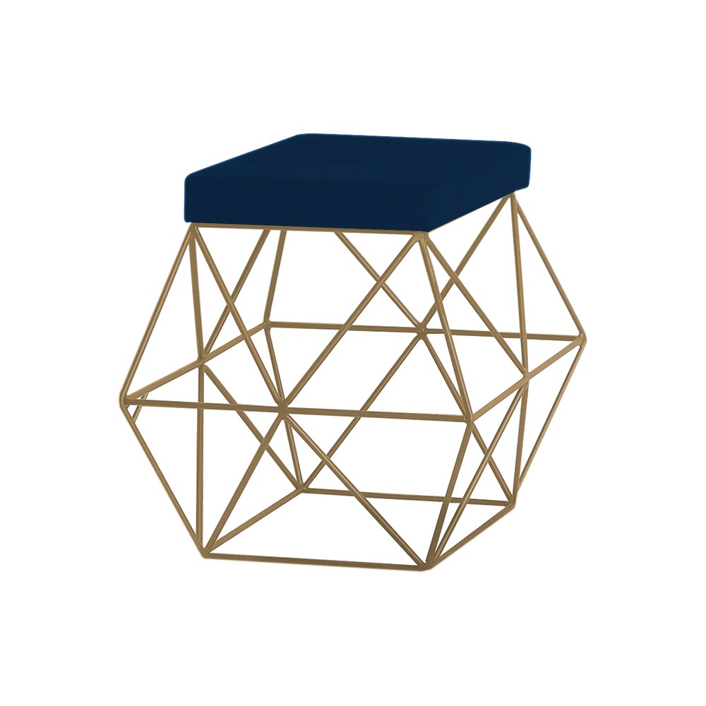 Puff Decorativo Sala de Estar Base Gold Trixie Veludo Azul G41 - Gran Belo