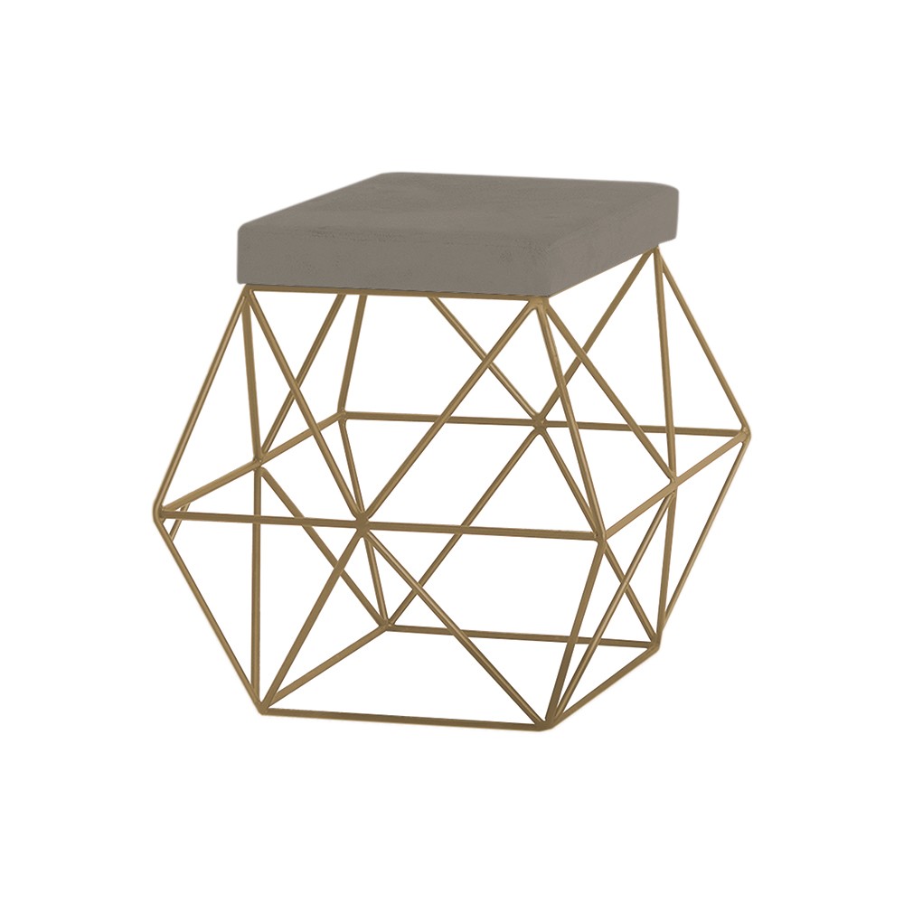 Puff Decorativo Sala de Estar Base Gold Trixie Veludo Cinza G41 - Gran Belo