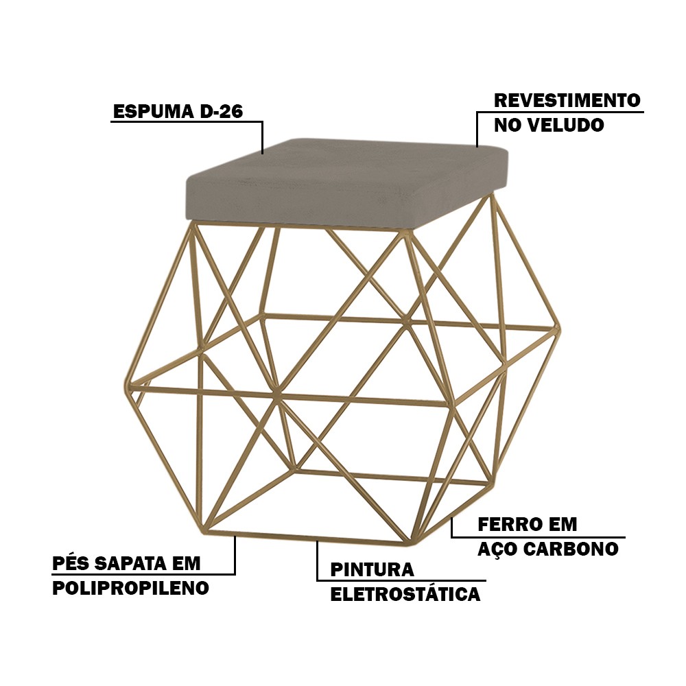 Puff Decorativo Sala de Estar Base Gold Trixie Veludo Cinza G41 - Gran Belo