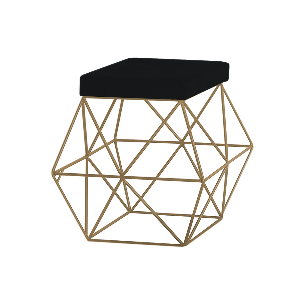 Puff Decorativo Sala de Estar Base Gold Trixie Veludo Preto G41 - Gran Belo