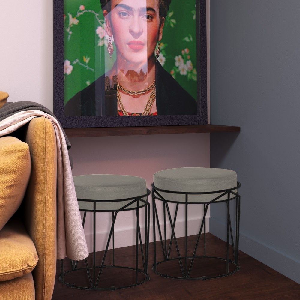 Puff Decorativo Sala de Estar Base Preto Chloe Veludo Cinza G41 - Gran Belo
