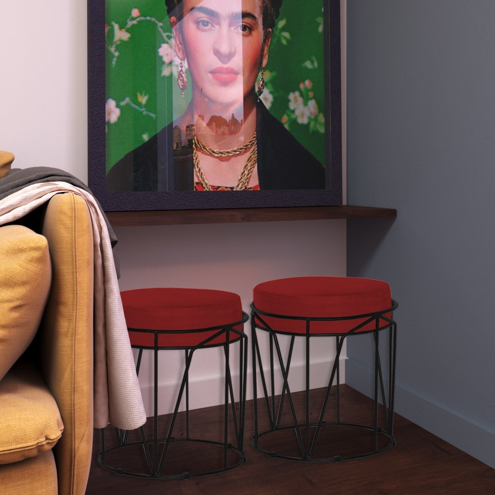 Puff Decorativo Sala de Estar Base Preto Chloe Veludo Vermelho G41 - Gran Belo