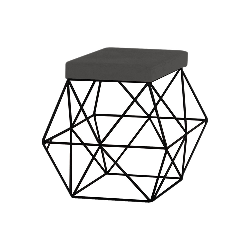 Puff Decorativo Sala de Estar Base Preto Trixie Suede Cinza - Gran Belo