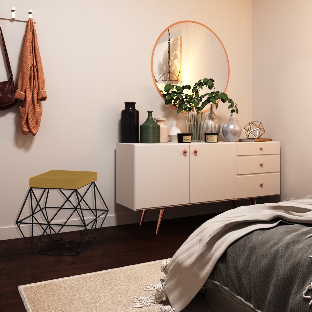 Puff Decorativo Sala de Estar Base Preto Trixie Suede Mostarda G41 - Gran Belo