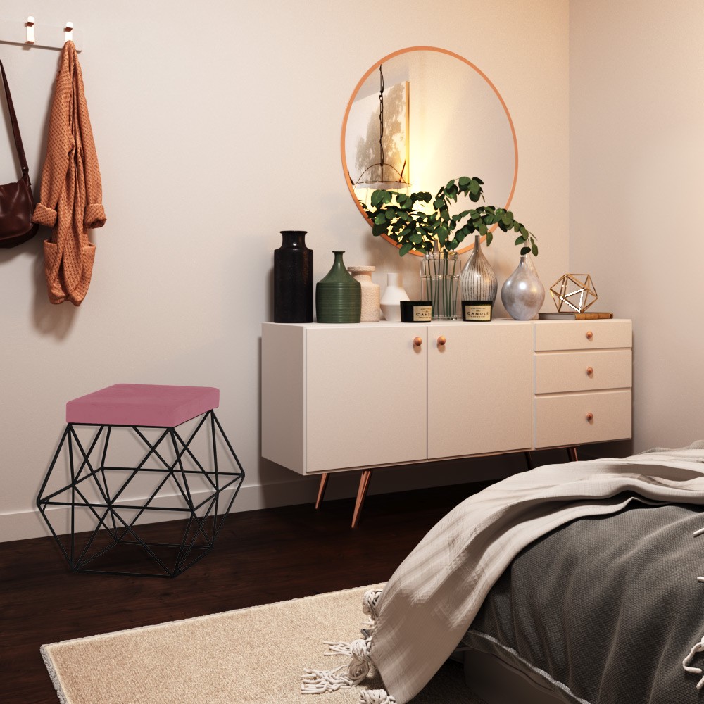 Puff Decorativo Sala de Estar Base Preto Trixie Suede Rosa G41 - Gran Belo